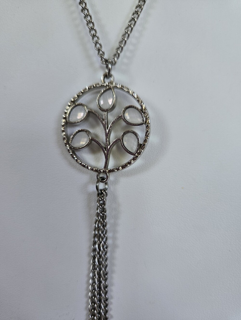 N-108-Silver Tons Tree of Life Pendant Necklace with Faceted White Moonstones